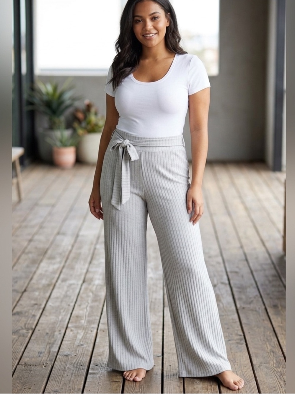 Forever 21 Grey Ribbed Wide Leg Pants Medium Tie Waist Cozy Loungewear M